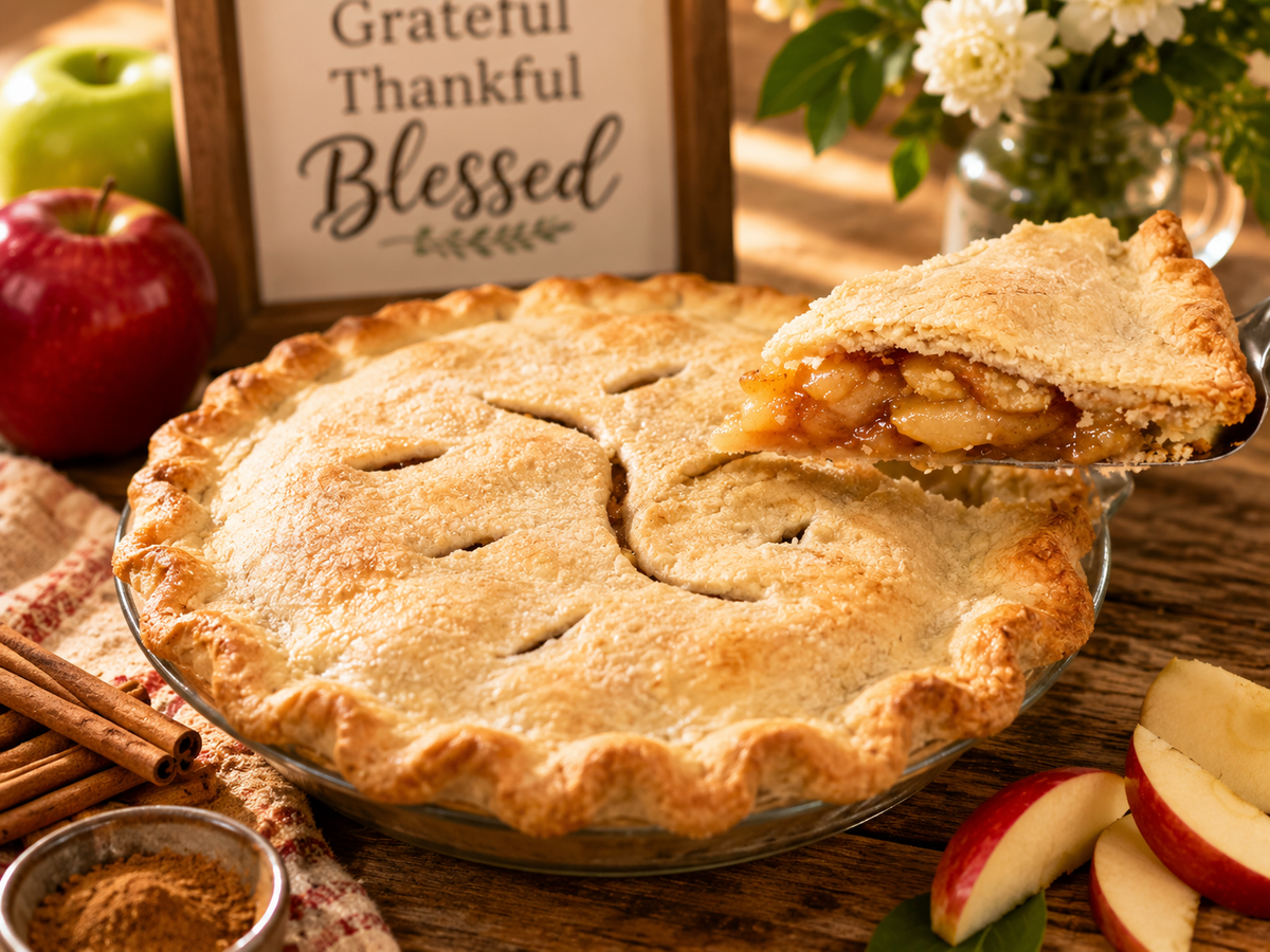 Slice of apple pie being lifted from a whole pie, showing a golden crust and tender apple filling