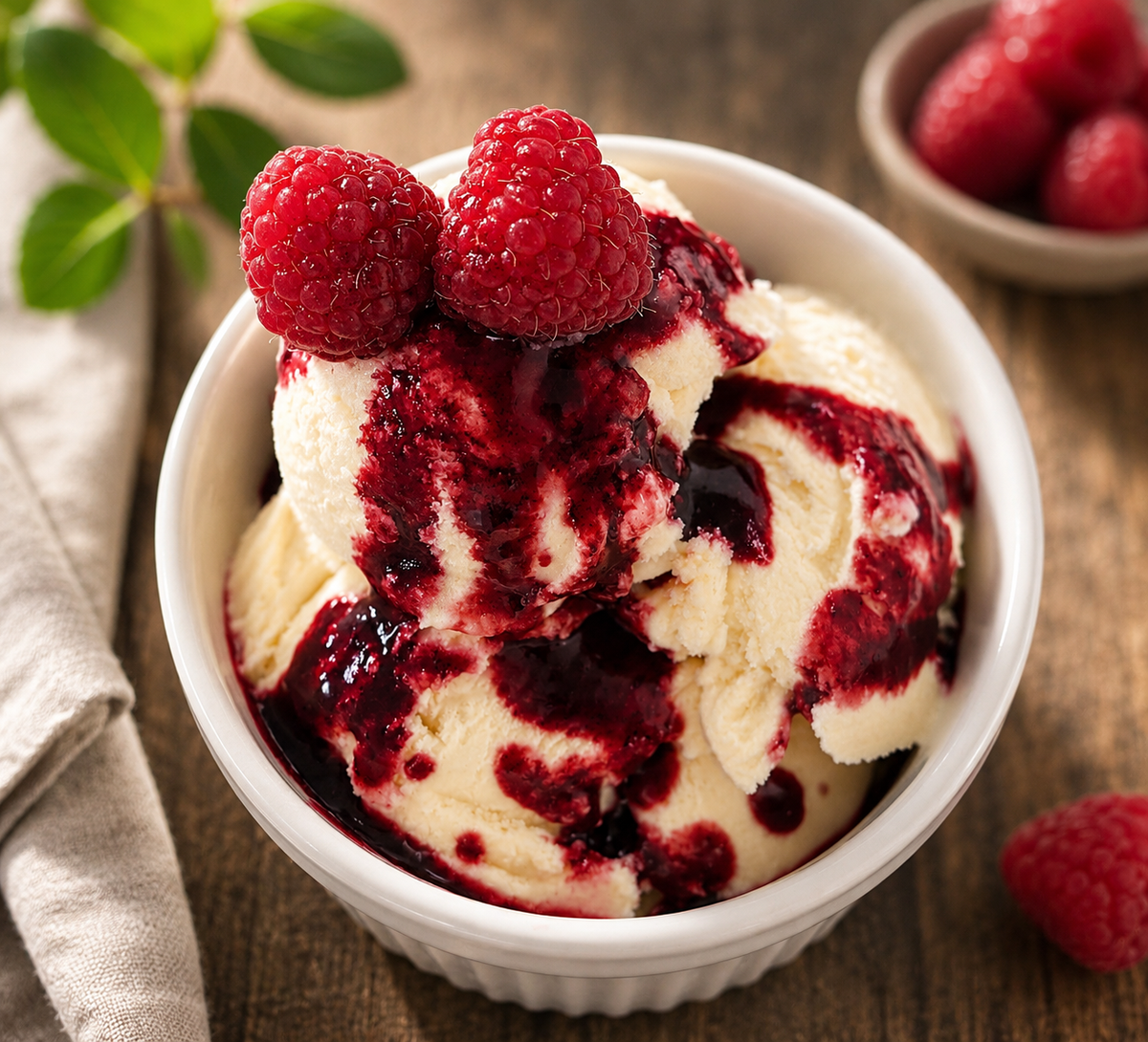 Bowl of vanilla ice cream swirled with berry sauce and topped with fresh raspberries