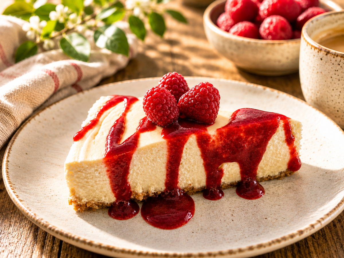 Slice of raspberry cheesecake with berry sauce and fresh raspberries on a plate, with a cup of coffee in the background