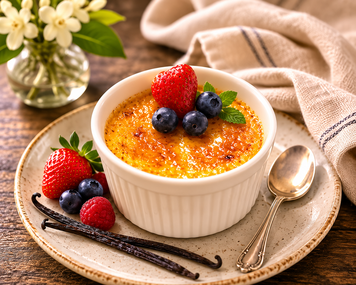 Crème brûlée in a white ramekin topped with a caramelized sugar crust, garnished with strawberries, blueberries, and vanilla beans