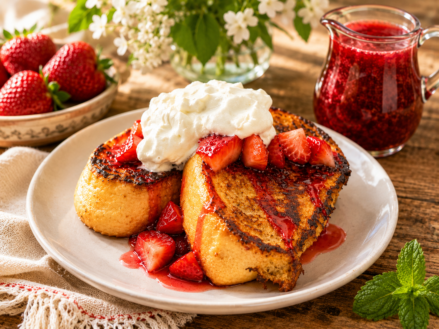 Stack of golden French toast topped with whipped cream and chopped strawberries, with a pitcher of berry syrup