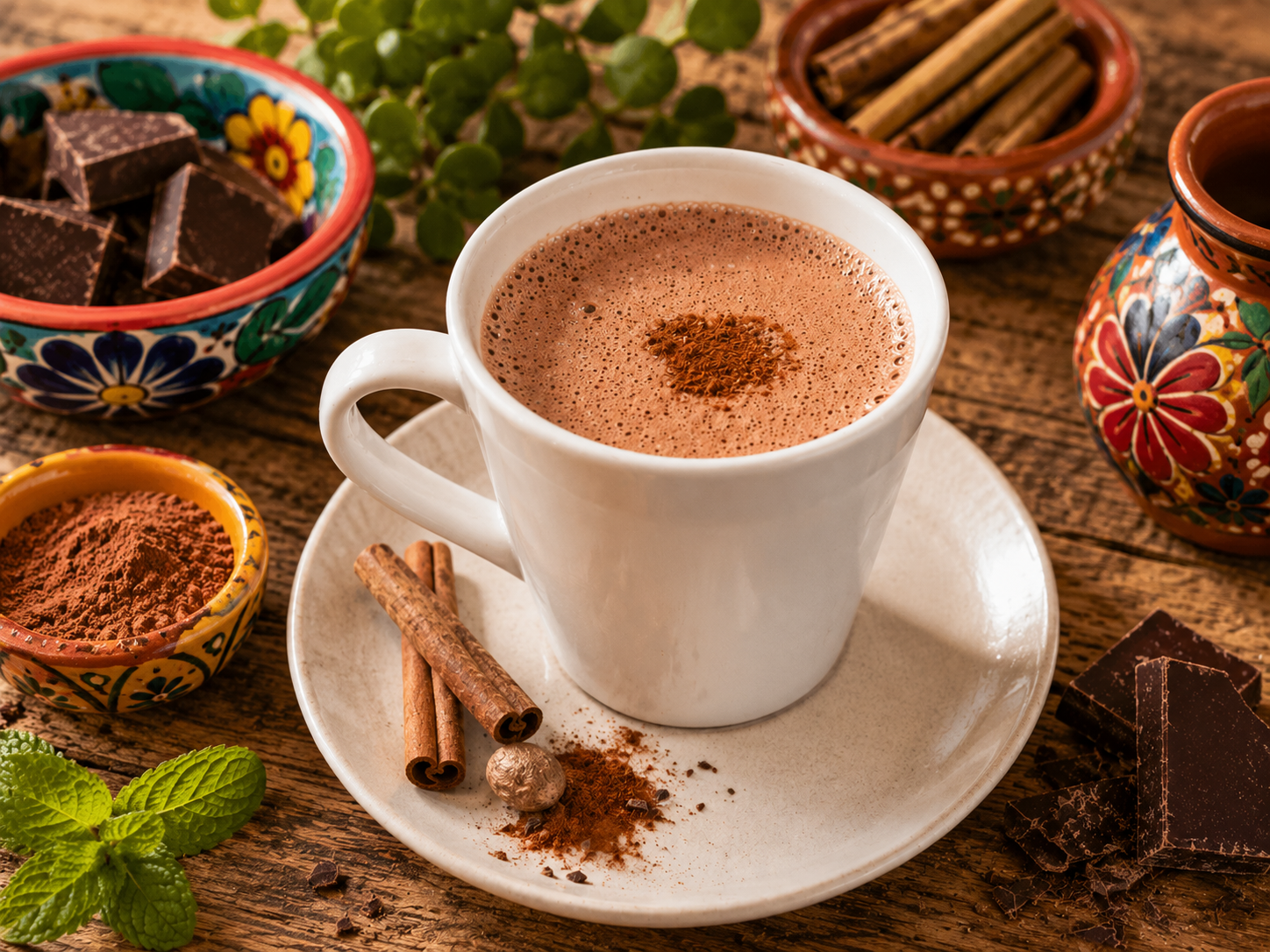 Cup of Mexican hot chocolate topped with cocoa powder, served with cinnamon sticks and pieces of dark chocolate